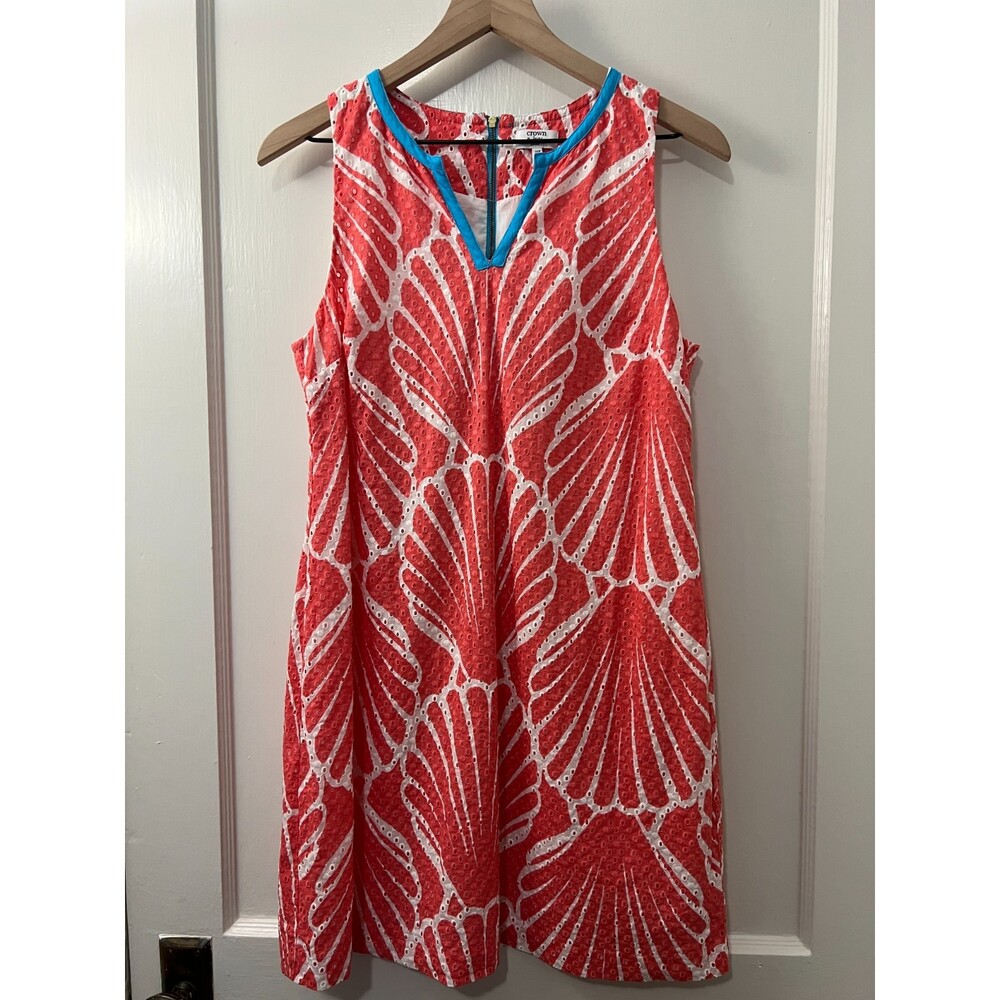 Crown & Ivy Petite Coral White Blue Eyelet Dress - Women's 10 P
